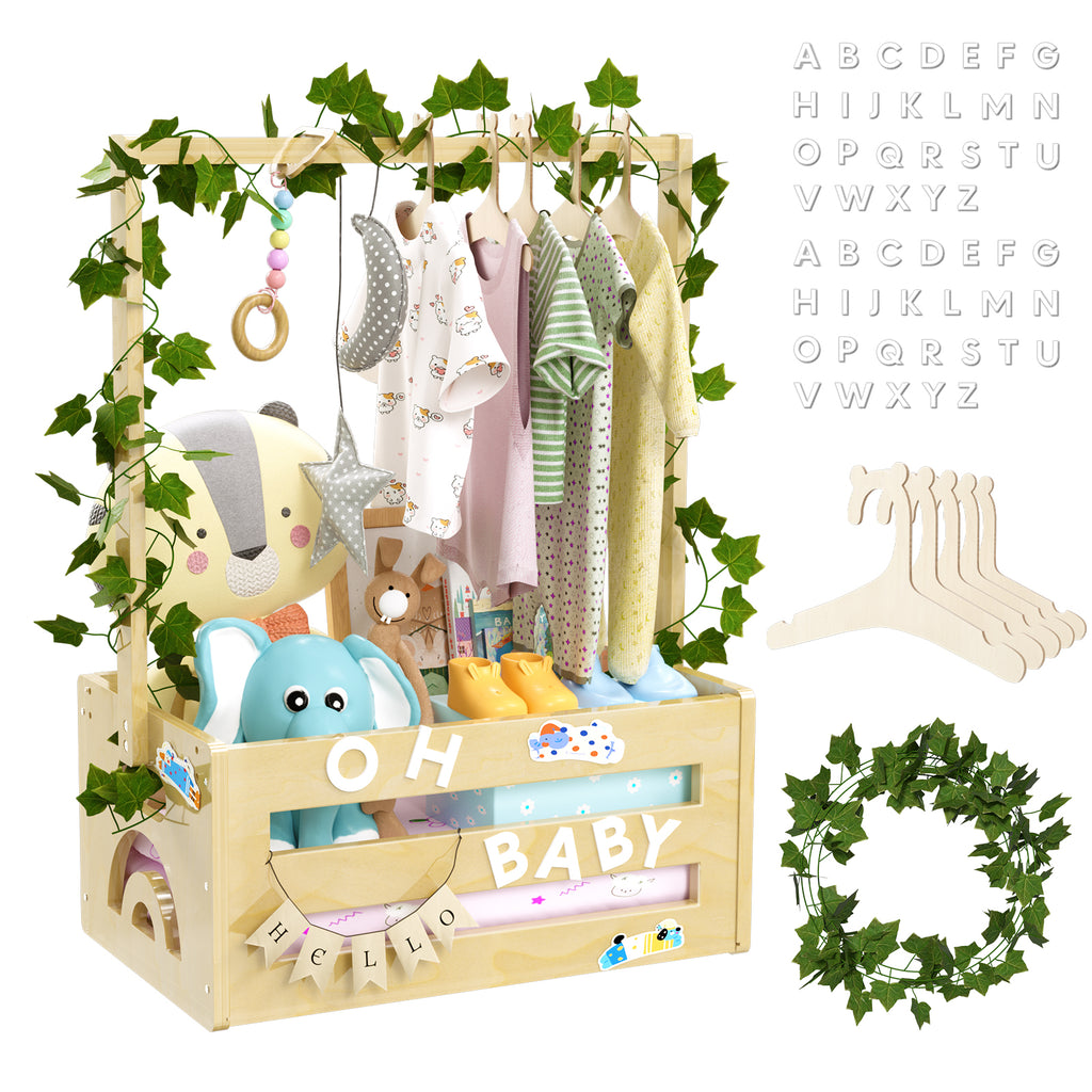 TeSabMi Baby Shower Gift Basket, Personalized Wooden Crate with Letters and Clothes Hangers for Newborn Nursery Room