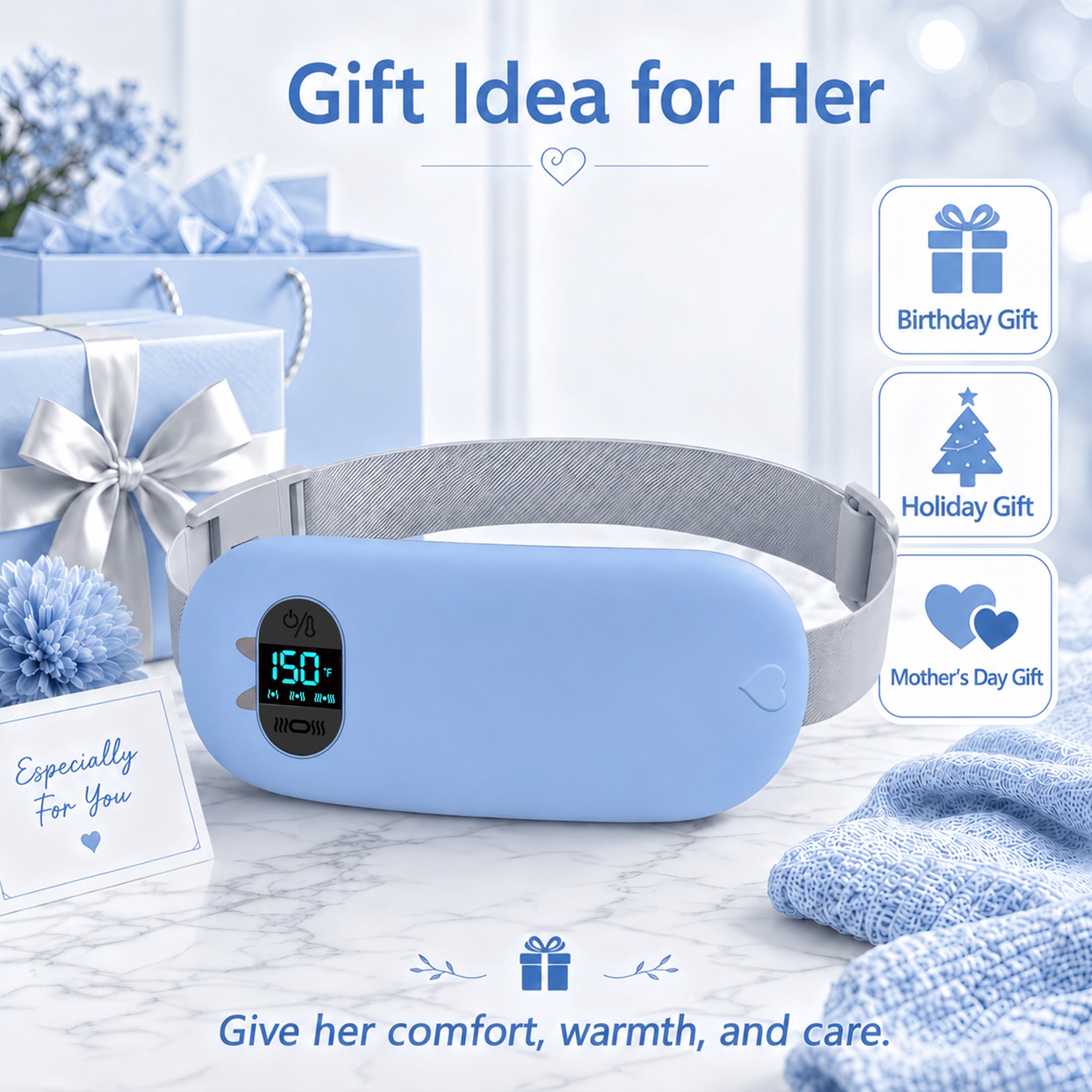 TeSabMi Cordless Heating Pad for Period Cramps, Portable Menstrual Heating Belt with 6 Heat Levels, 6 Vibration Modes, Gift for Women Her Blue
