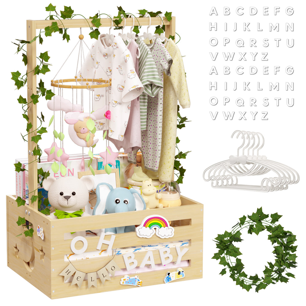 TeSabMi Baby Shower Gift Basket, Large Personalized Wooden Crate with Letters and Clothes Hangers for Newborn Nursery Room