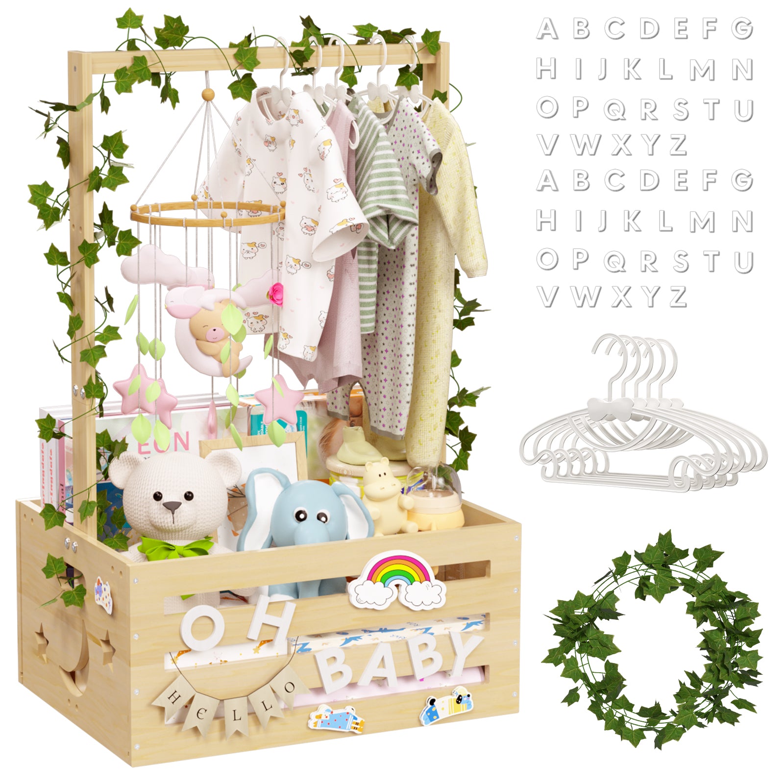 TeSabMi Baby Shower Gift Basket, Large Personalized Wooden Crate with Letters and Clothes Hangers for Newborn Nursery Room