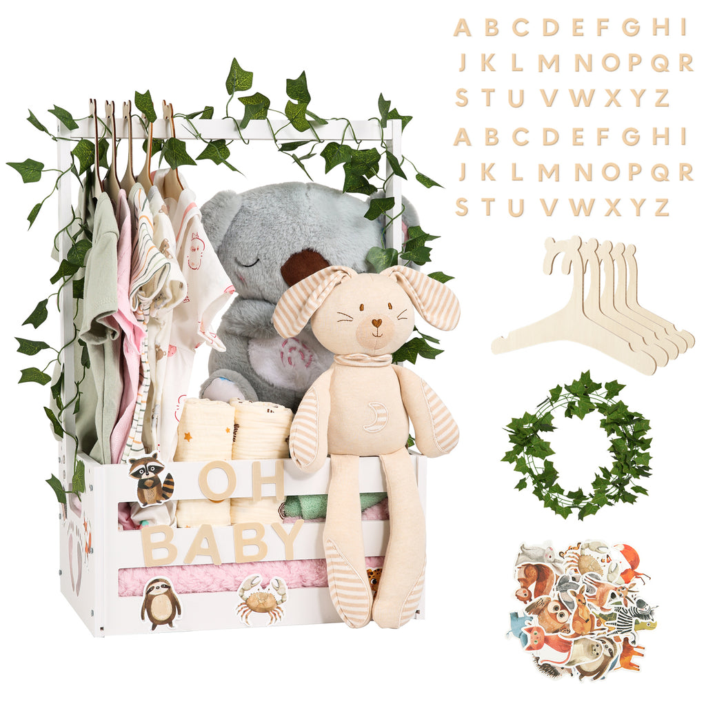 TeSabMi Baby Shower Gift Basket, Personalized Wooden Crate with Letters and Clothes Hangers for Newborn Nursery Room White