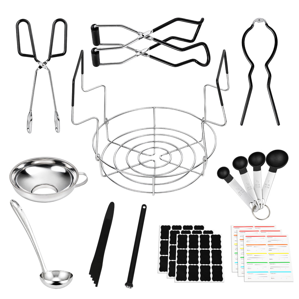 TeSabMi Canning Supplies Starter Kit, 11-Piece Water Bath Canning Tools Set with Rack, Jar Lifter, Funnel, Magnetic Lid Lifter, Black