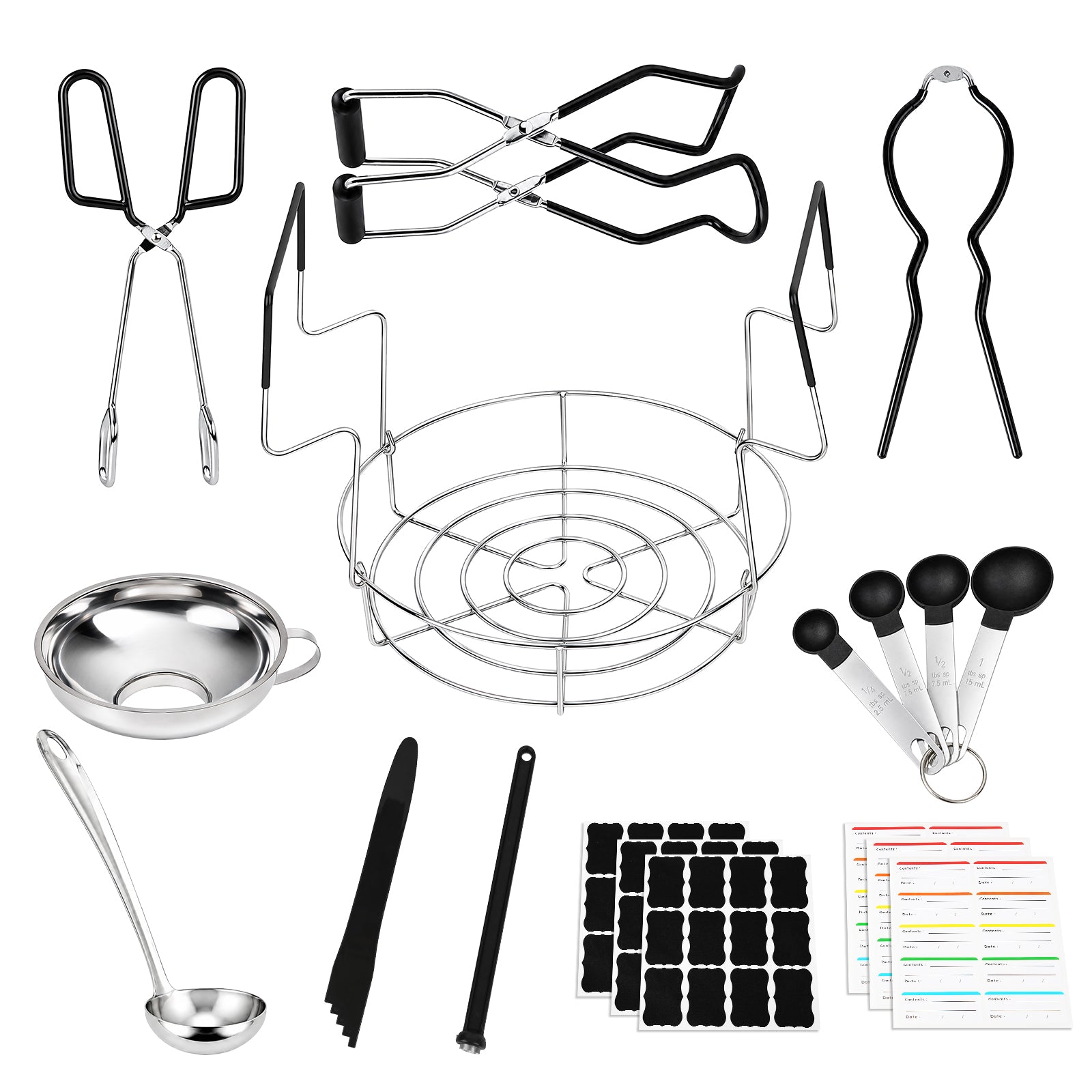 TeSabMi Canning Supplies Starter Kit, 11-Piece Water Bath Canning Tools Set with Rack, Jar Lifter, Funnel, Magnetic Lid Lifter, Black