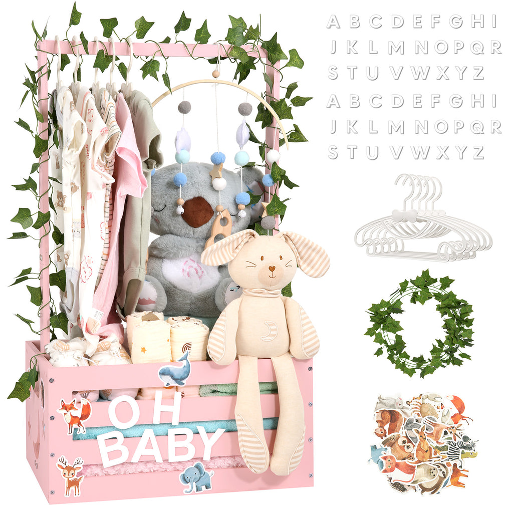 TeSabMi Baby Shower Gift Basket, Large Personalized Wooden Crate with Letters and Clothes Hangers for Newborn Nursery Room, Pink