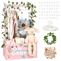 TeSabMi Baby Shower Gift Basket, Large Personalized Wooden Crate with Letters and Clothes Hangers for Newborn Nursery Room, Pink