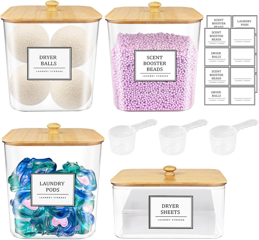 TeSabMi 3+1 Pack Laundry Pods Container Set with Dryer Sheet Holder, PET Plastic Storage Jars with Labels & Scoops, Natural