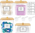 TeSabMi 3+1 Pack Laundry Pods Container Set with Dryer Sheet Holder, PET Plastic Storage Jars with Labels & Scoops, Natural