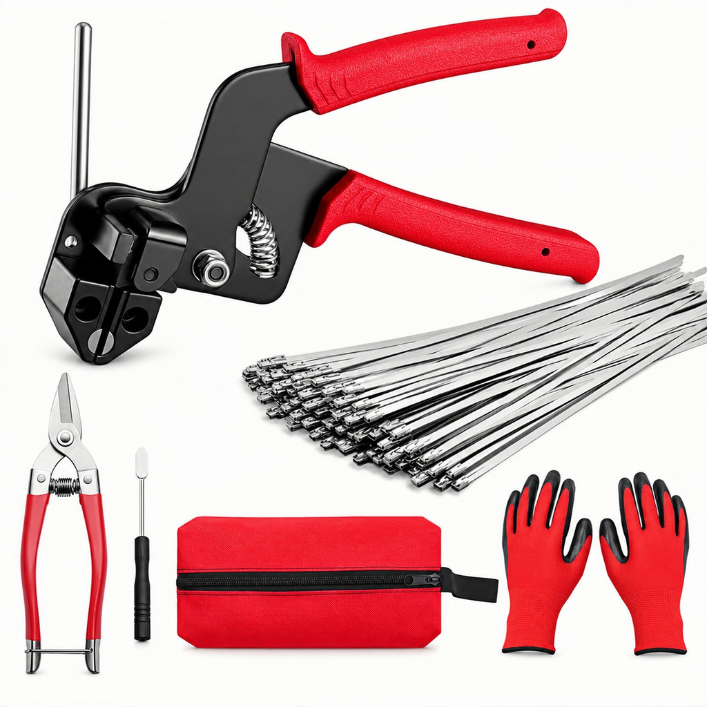 TeSabMi 155-Piece Cable Tie Gun Kit with Release Tool and 150 Metal Zip Ties Made of 304 Stainless Steel in 3 Sizes for Fencing and Exhaust Wrap