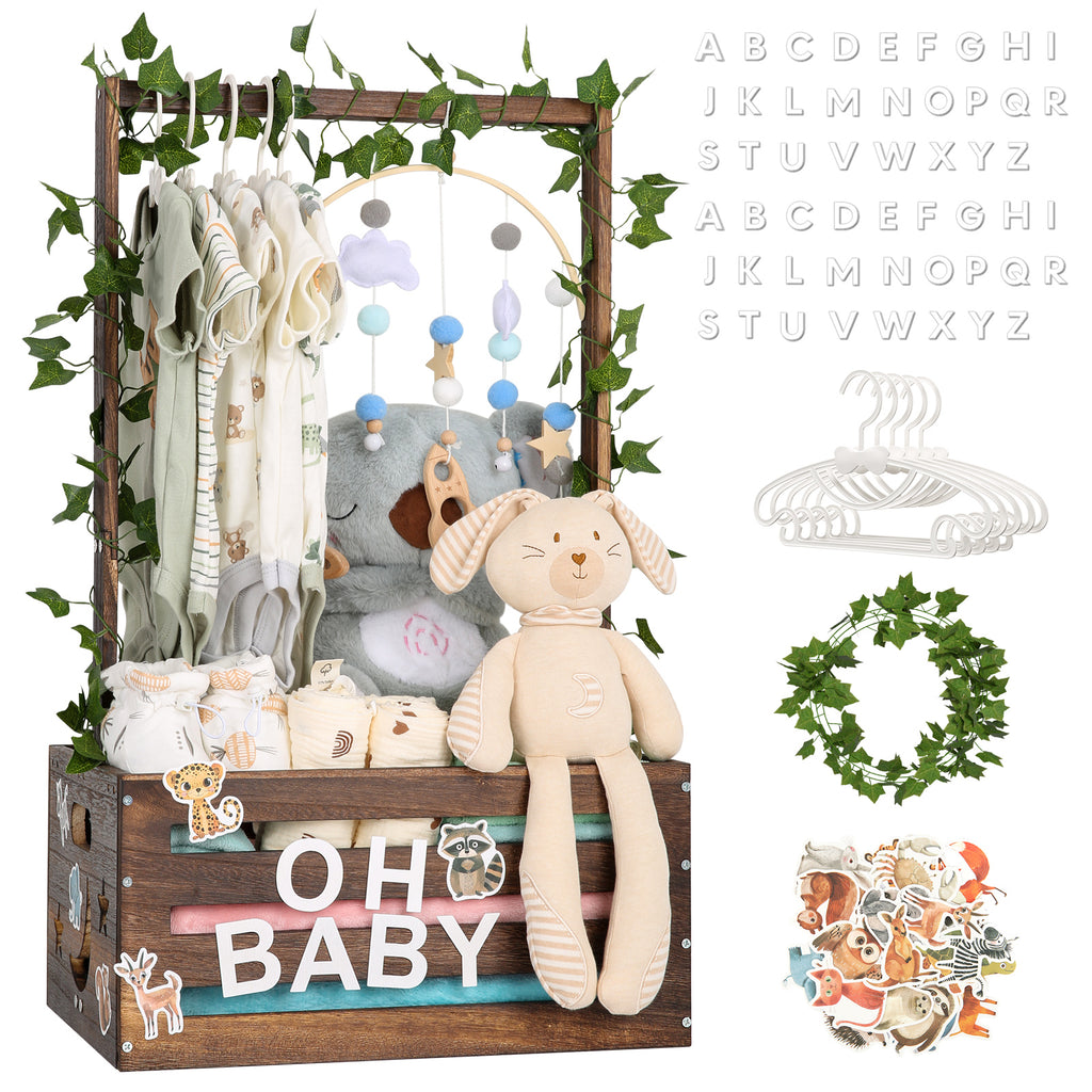 TeSabMi Baby Shower Gift Basket, Large Personalized Wooden Crate with Letters and Clothes Hangers for Newborn Nursery Room, Brown