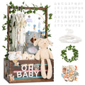 TeSabMi Baby Shower Gift Basket, Large Personalized Wooden Crate with Letters and Clothes Hangers for Newborn Nursery Room, Brown