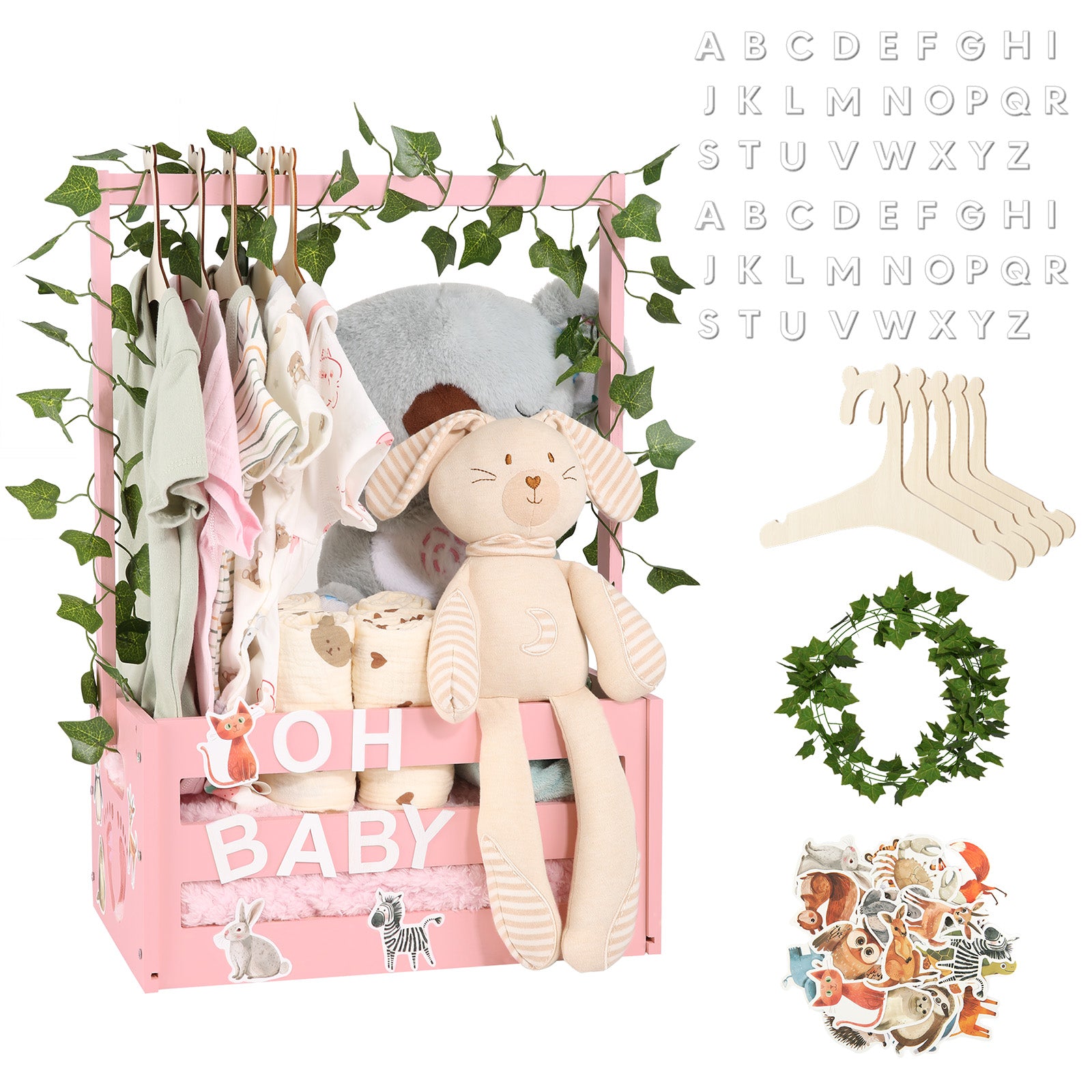 TeSabMi Baby Shower Gift Basket, Personalized Wooden Crate with Letters and Clothes Hangers for Newborn Nursery Room Pink