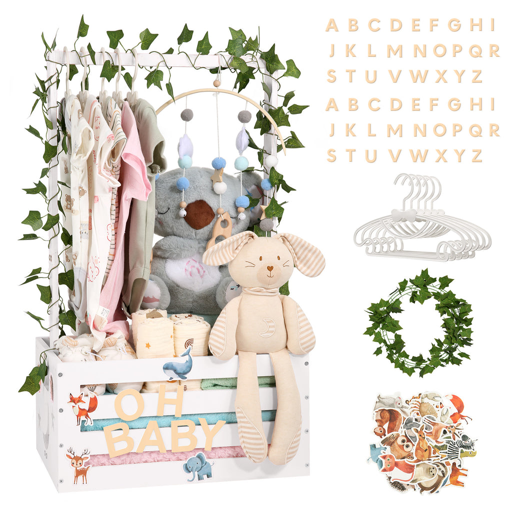 TeSabMi Baby Shower Gift Basket, Large Personalized Wooden Crate with Letters and Clothes Hangers for Newborn Nursery Room, White