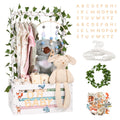 TeSabMi Baby Shower Gift Basket, Large Personalized Wooden Crate with Letters and Clothes Hangers for Newborn Nursery Room, White