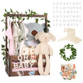 TeSabMi Baby Shower Gift Basket, Personalized Wooden Crate with Letters and Clothes Hangers for Newborn Nursery Room, Brown
