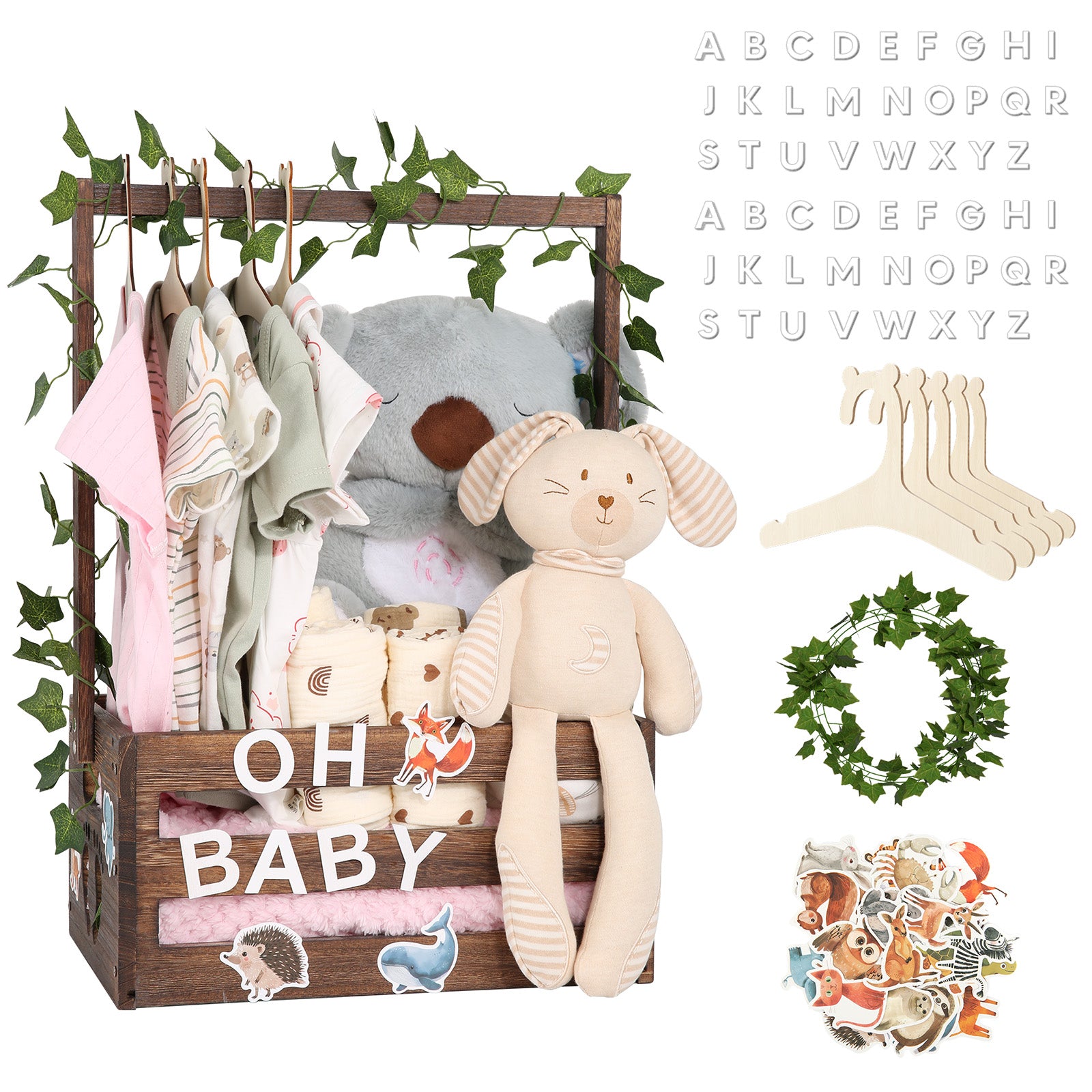 TeSabMi Baby Shower Gift Basket, Personalized Wooden Crate with Letters and Clothes Hangers for Newborn Nursery Room, Brown