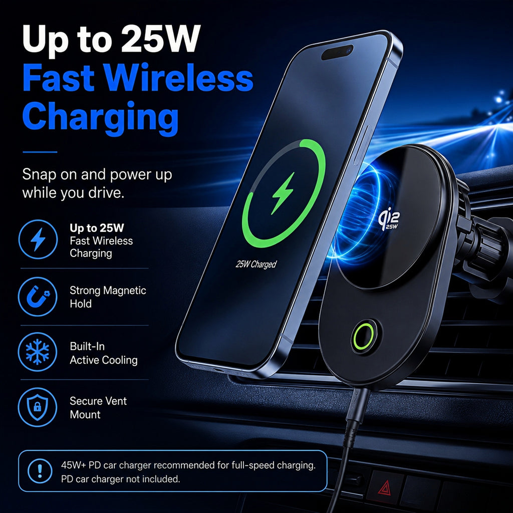 TeSabMi 25W Fast Charging Magnetic Wireless Car Charger Mount with Active Cooling, Air Vent Phone Holder for iPhone 12 to 17 Series