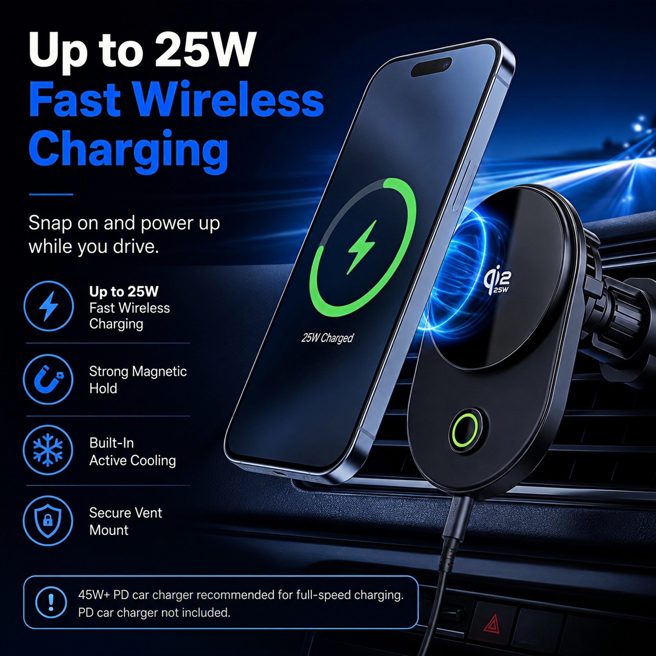 TeSabMi 25W Fast Charging Magnetic Wireless Car Charger Mount with Active Cooling, Air Vent Phone Holder for iPhone 12 to 17 Series