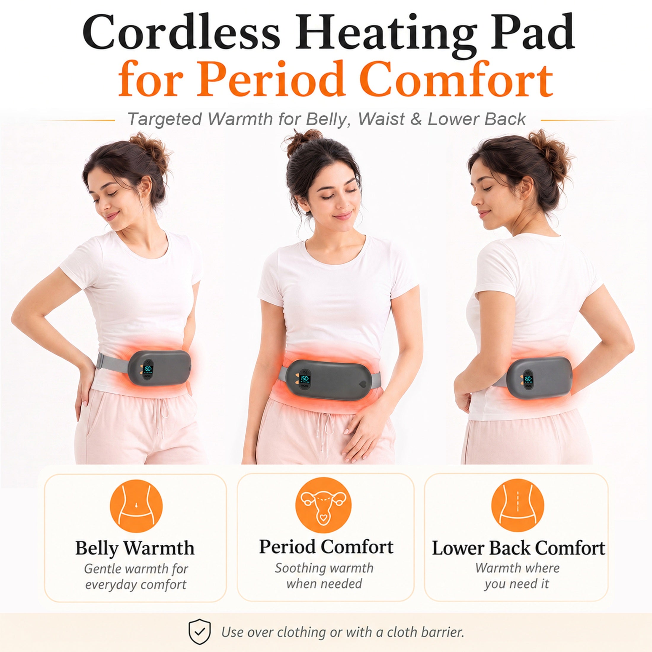 TeSabMi Cordless Heating Pad for Period Cramps, Portable Menstrual Heating Belt with 6 Heat Levels, 6 Vibration Modes, Gift for Women Her Black