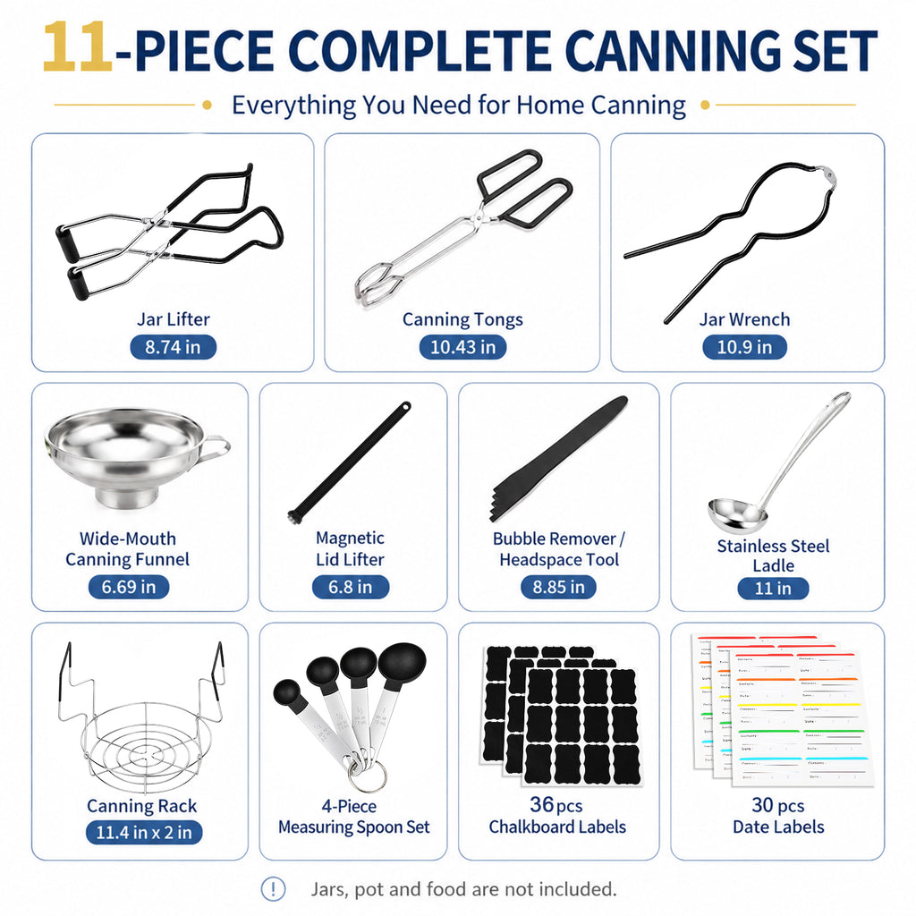TeSabMi Canning Supplies Starter Kit, 11-Piece Water Bath Canning Tools Set with Rack, Jar Lifter, Funnel, Magnetic Lid Lifter, Black