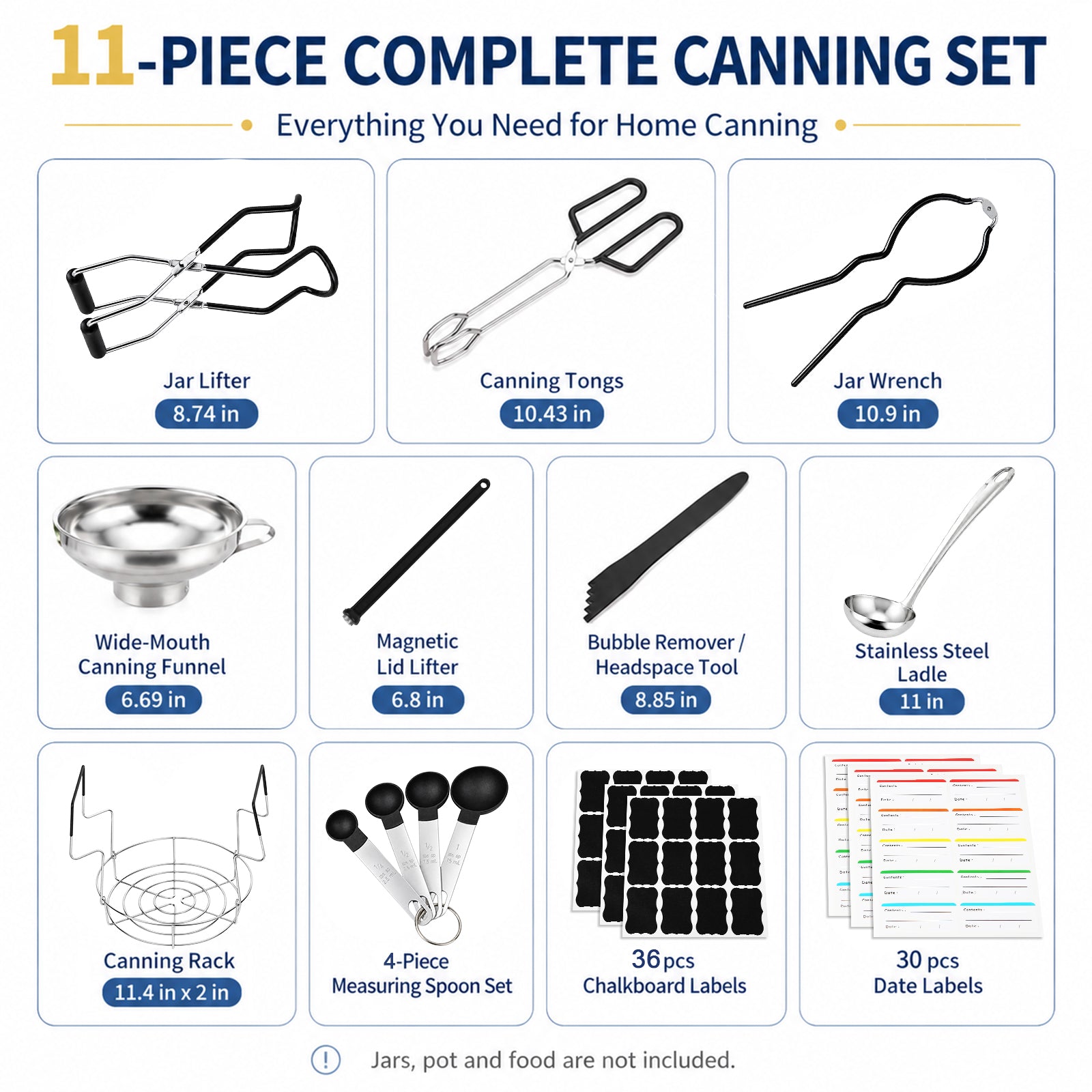 TeSabMi Canning Supplies Starter Kit, 11-Piece Water Bath Canning Tools Set with Rack, Jar Lifter, Funnel, Magnetic Lid Lifter, Black