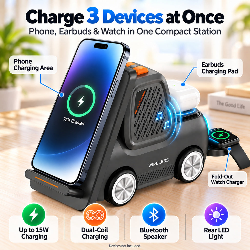 TeSabMi 5-in-1 Wireless Charging Station with Bluetooth Speaker, Up to 15W Dual-Coil Charger, Compatible with iPhone, Apple Watch & AirPods