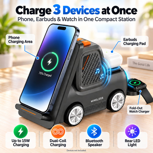 TeSabMi 5-in-1 Wireless Charging Station with Bluetooth Speaker, Up to 15W Dual-Coil Charger, Compatible with iPhone, Apple Watch & AirPods