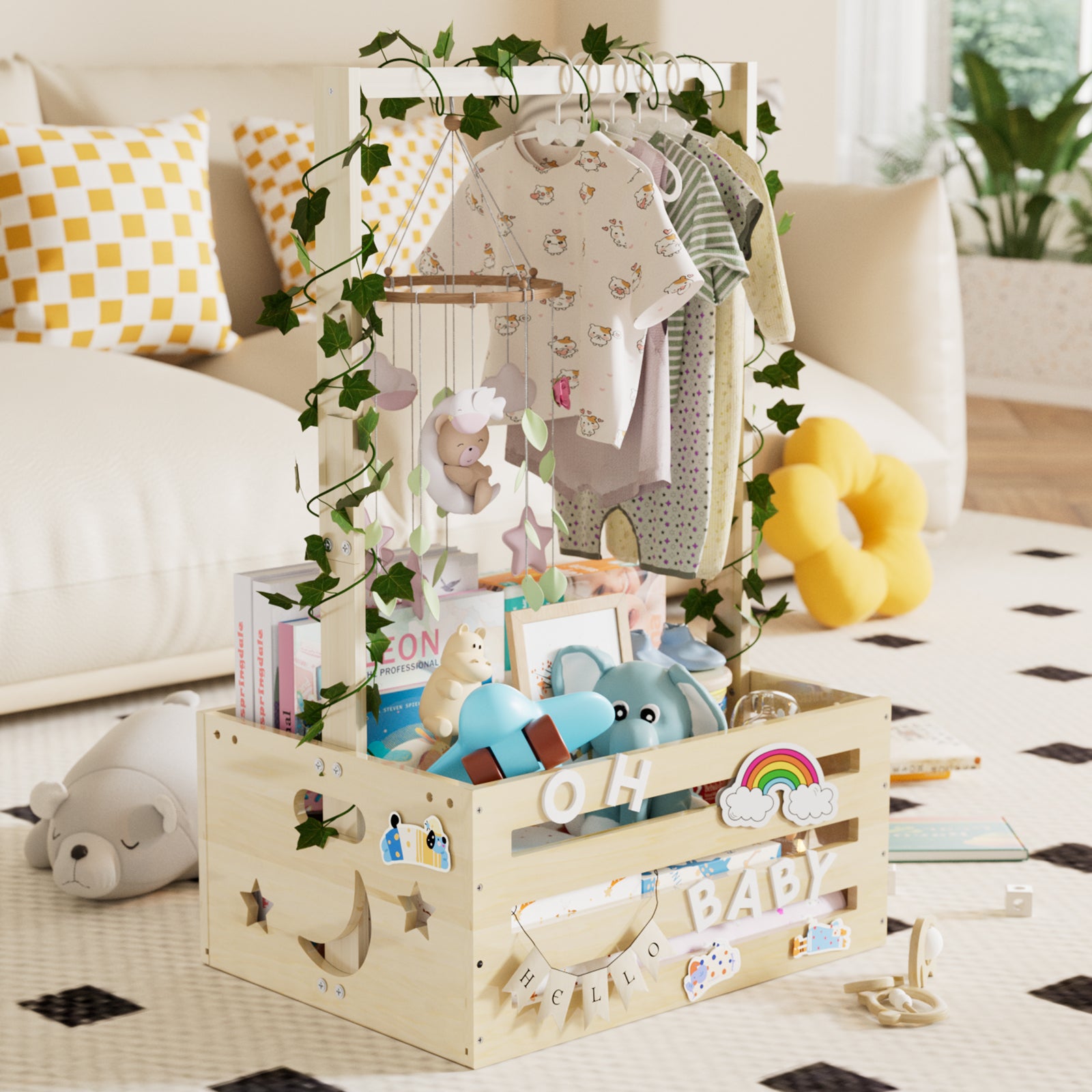 TeSabMi Baby Shower Gift Basket, Large Personalized Wooden Crate with Letters and Clothes Hangers for Newborn Nursery Room