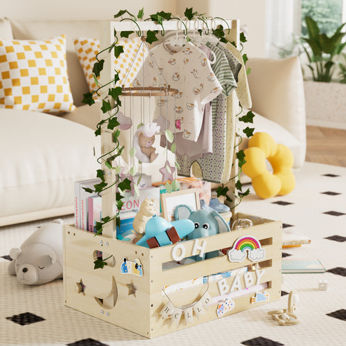 TeSabMi Baby Shower Gift Basket, Large Personalized Wooden Crate with Letters and Clothes Hangers for Newborn Nursery Room