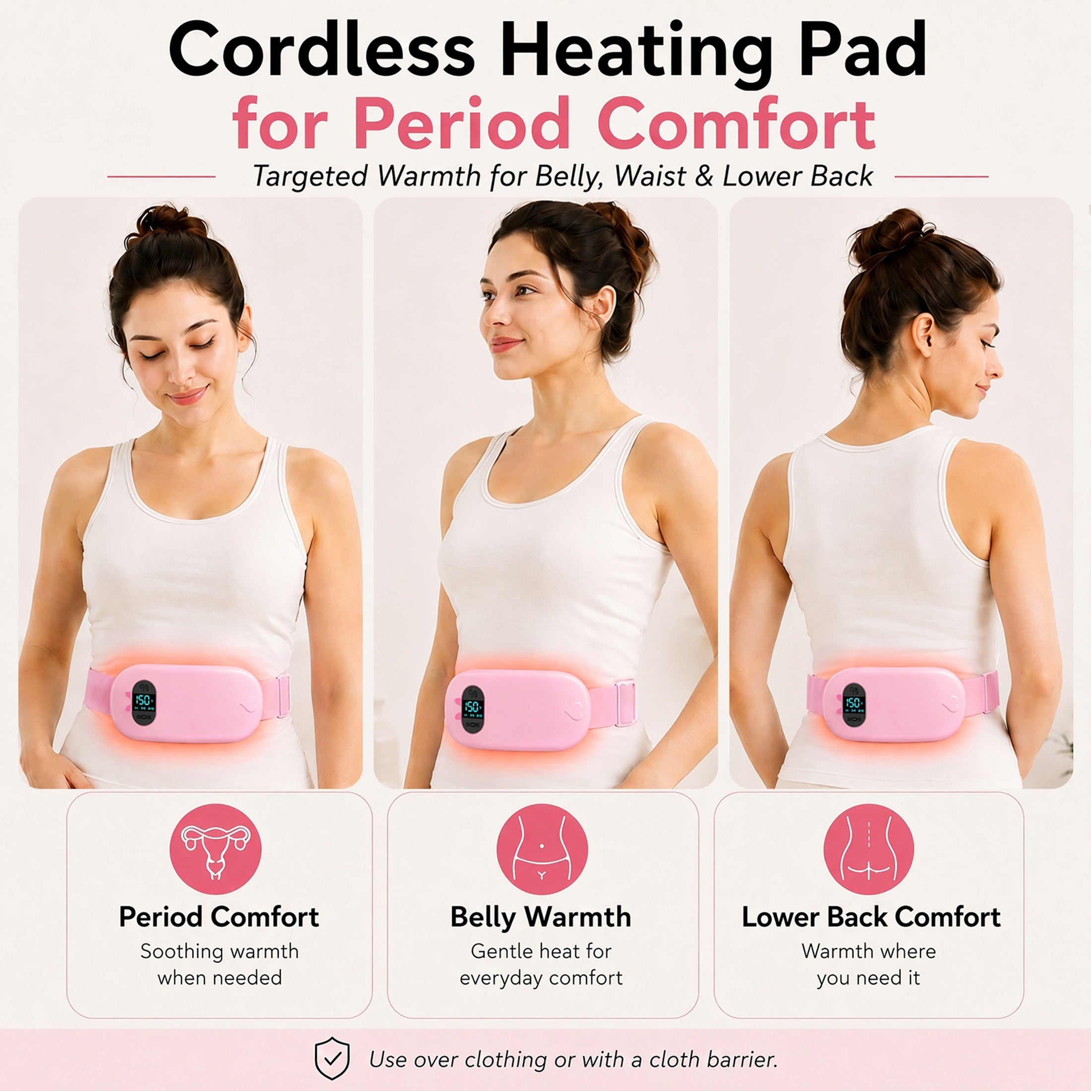 TeSabMi Cordless Heating Pad for Period Cramps, Portable Menstrual Heating Belt with 6 Heat Levels, 6 Vibration Modes, Gift for Women Her Pink