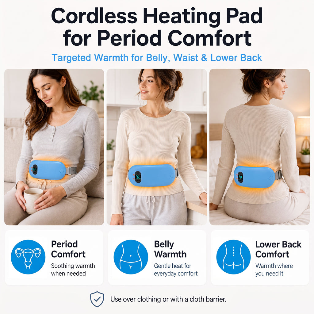 TeSabMi Cordless Heating Pad for Period Cramps, Portable Menstrual Heating Belt with 6 Heat Levels, 6 Vibration Modes, Gift for Women Her Blue