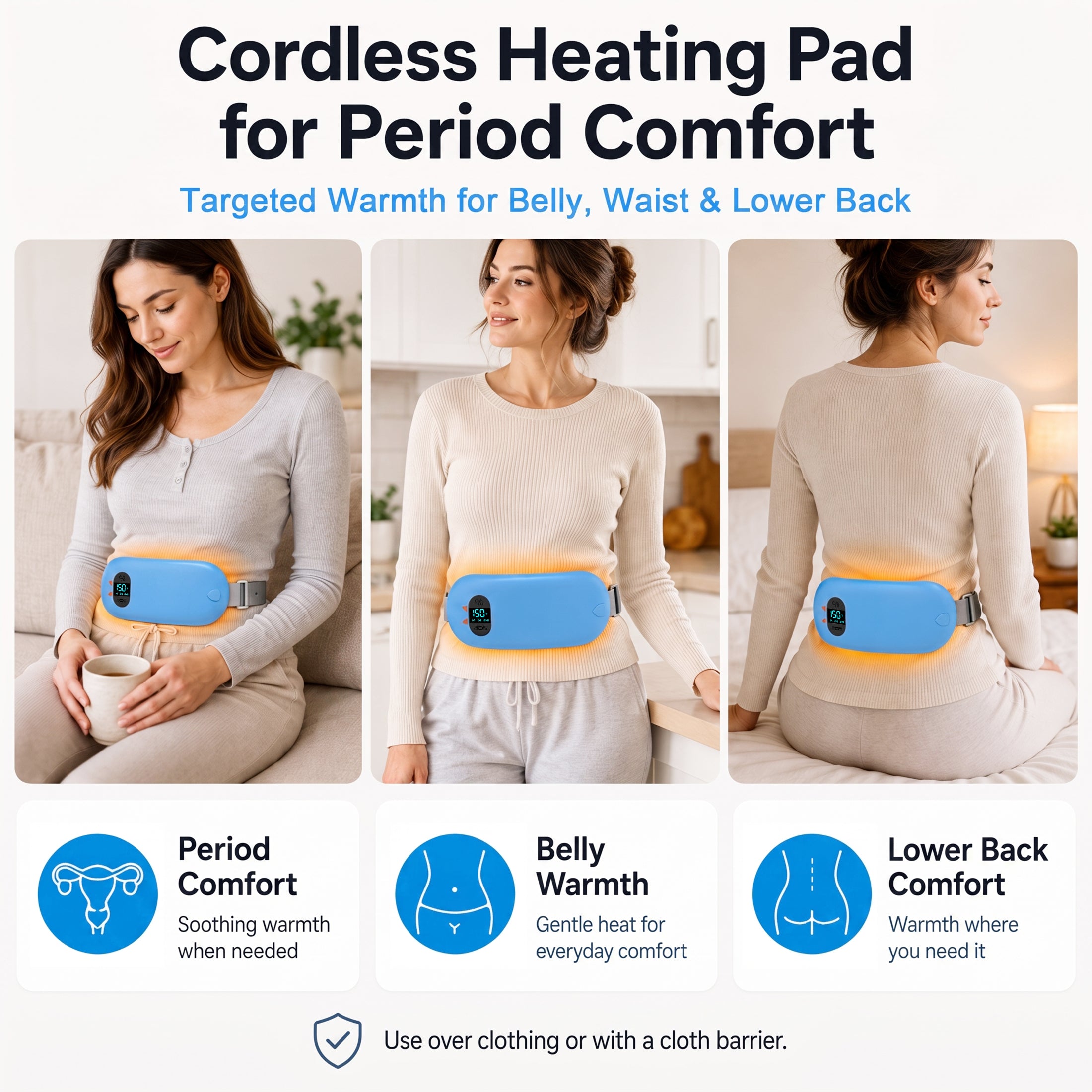 TeSabMi Cordless Heating Pad for Period Cramps, Portable Menstrual Heating Belt with 6 Heat Levels, 6 Vibration Modes, Gift for Women Her Blue