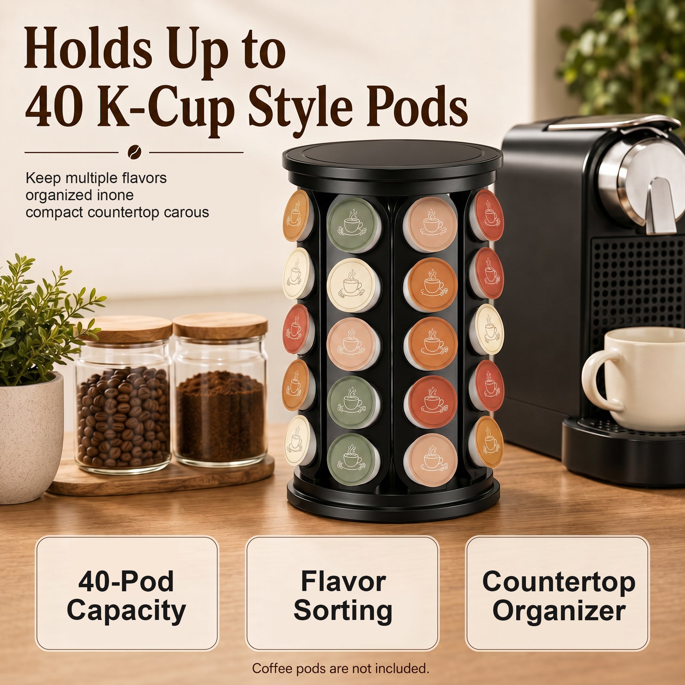 TeSabMi K Cup Holder, 40-Pod Coffee Pod Carousel Organizer, 360 Degree Rotating Countertop Stand, Black