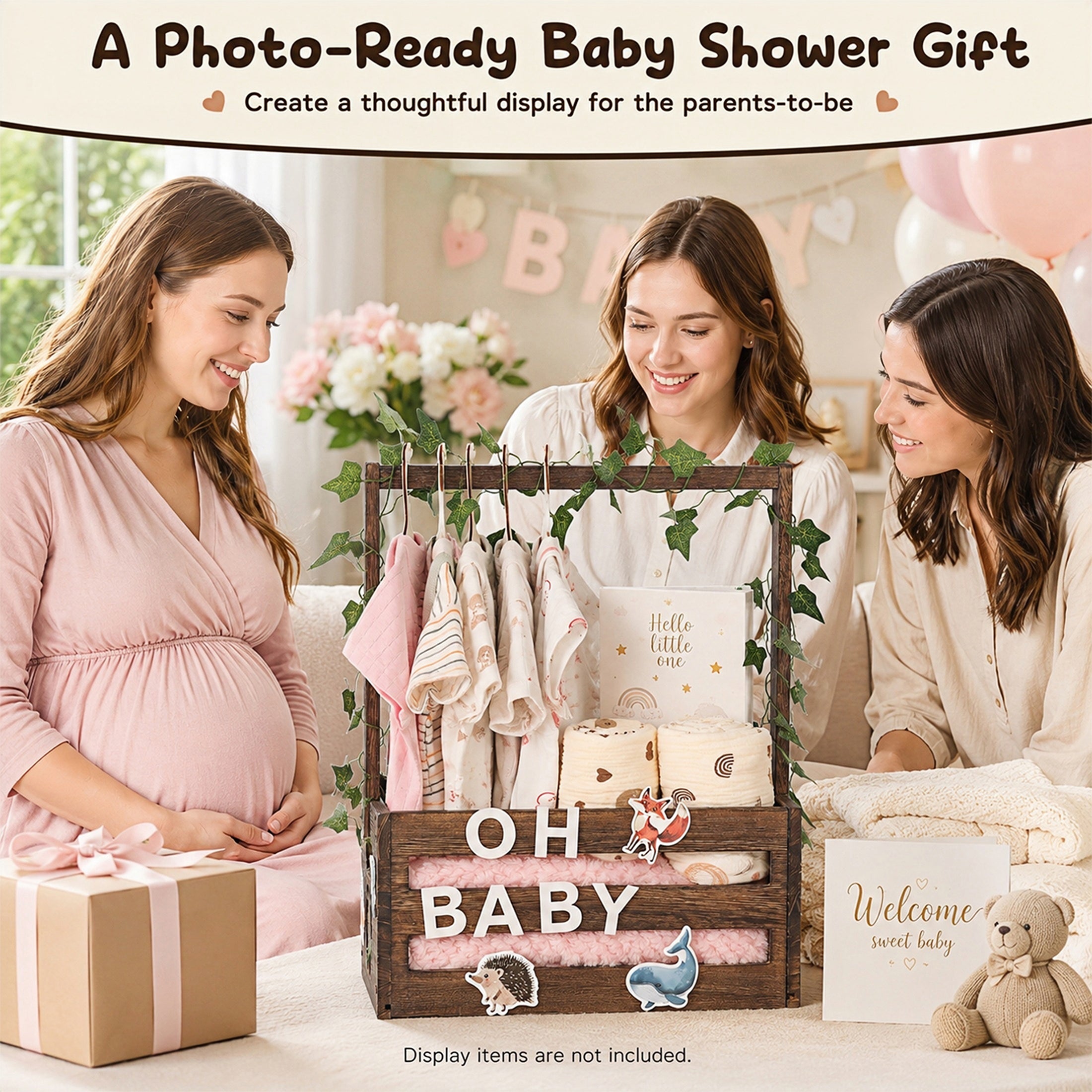 TeSabMi Baby Shower Crate Closet, Wooden Gift Basket with Alphabet Letters, Clothes Hangers and Vine for Custom Name Display, Brown