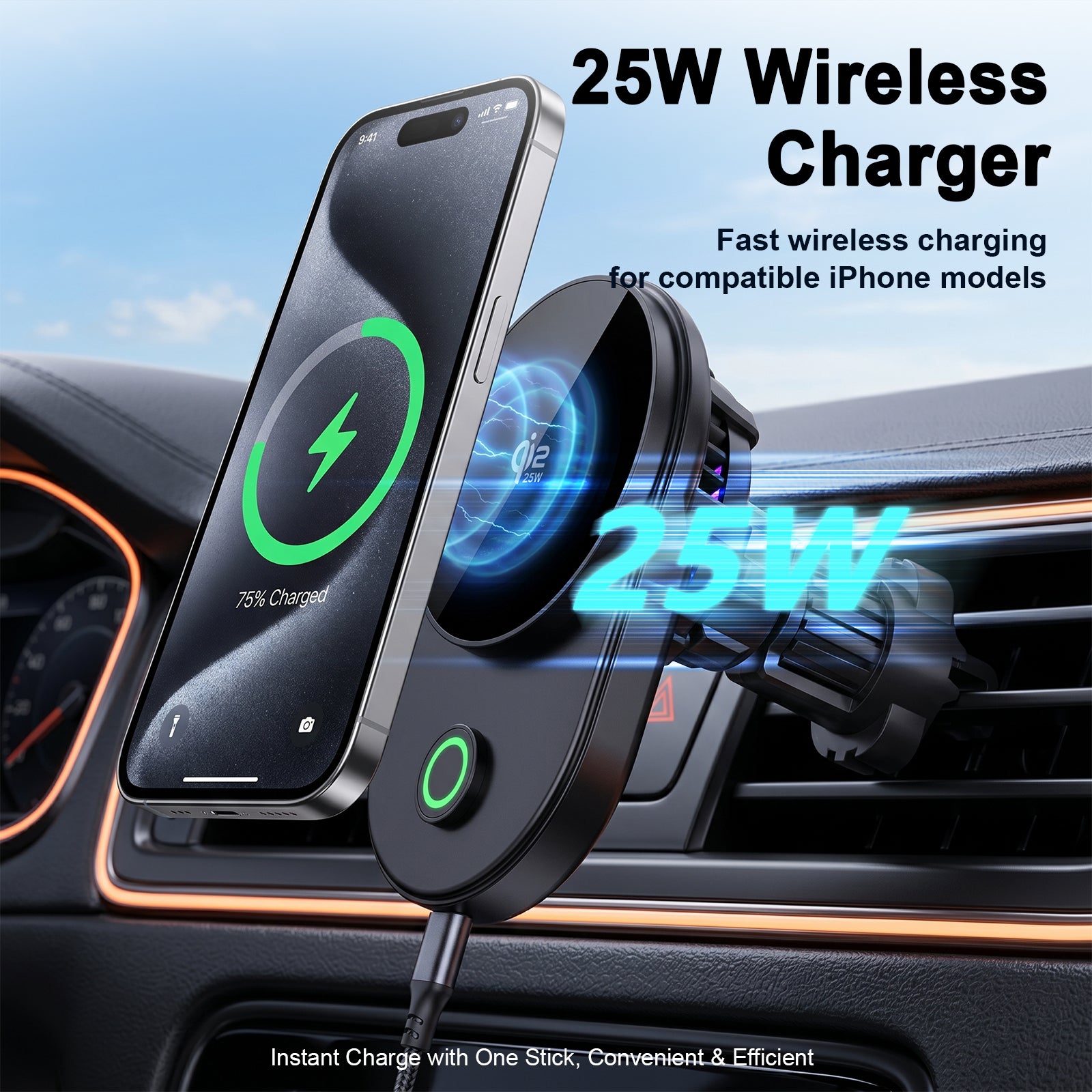 TeSabMi 25W Fast Charging Magnetic Wireless Car Charger Mount with Active Cooling, Air Vent Phone Holder for iPhone 12 to 17 Series