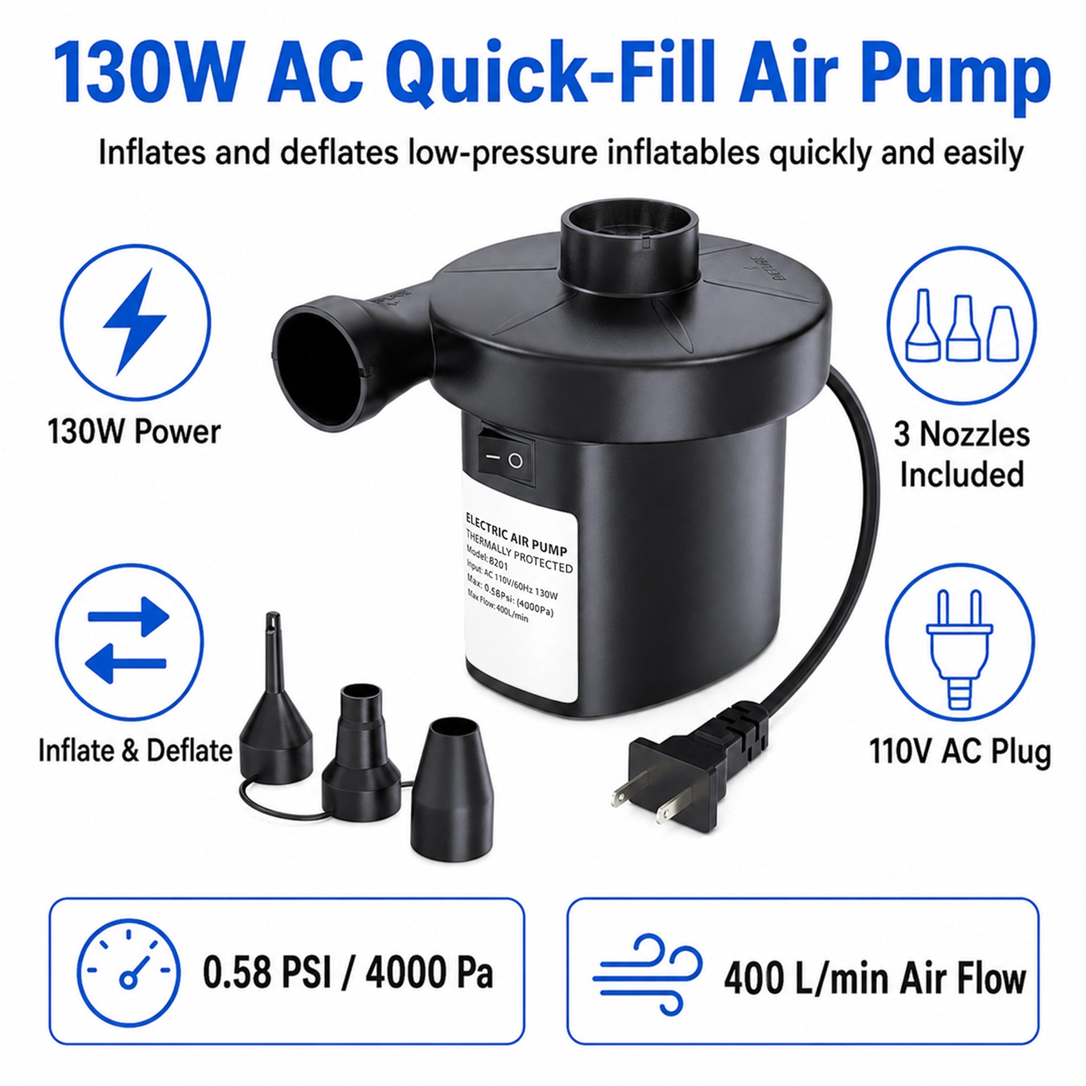 TeSabMi Electric Air Pump for Inflatables, 130W AC Quick Fill Air Mattress Pump with 3 Nozzles, Inflator Deflator for Pool Floats and Swim Rings