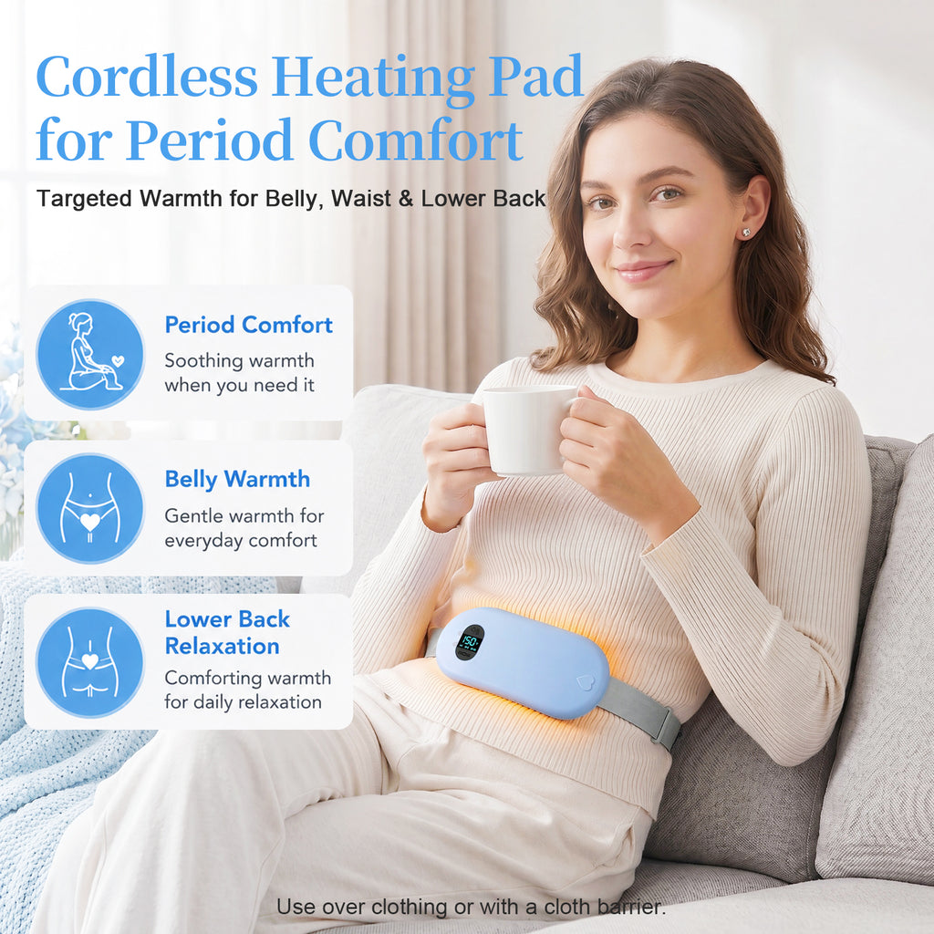 TeSabMi Cordless Heating Pad for Period Cramps, Portable Menstrual Heating Belt with 6 Heat Levels, 6 Vibration Modes, Gift for Women Her Blue
