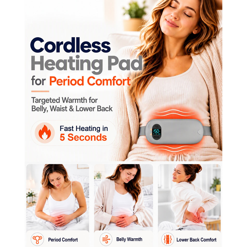 TeSabMi Cordless Heating Pad for Period Cramps, Portable Menstrual Heating Belt with 6 Heat Levels, 6 Vibration Modes, Gift for Women