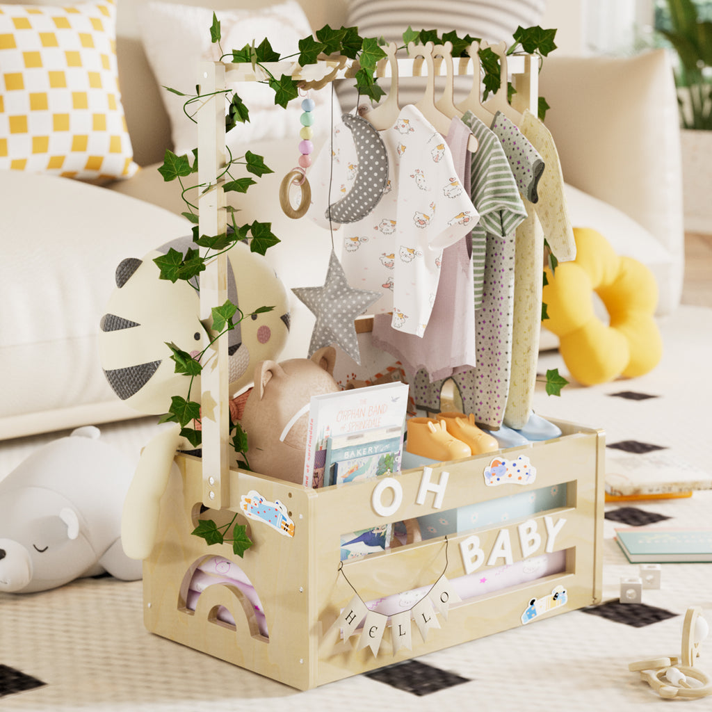 TeSabMi Baby Shower Gift Basket, Personalized Wooden Crate with Letters and Clothes Hangers for Newborn Nursery Room