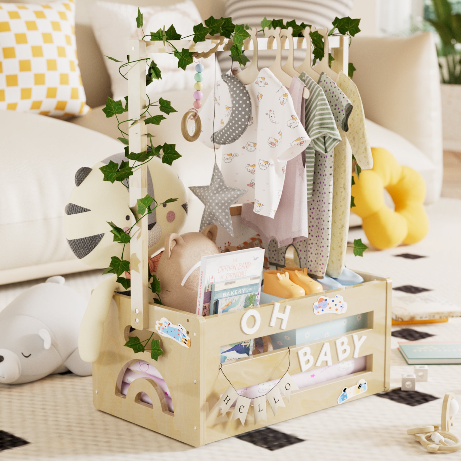 TeSabMi Baby Shower Gift Basket, Personalized Wooden Crate with Letters and Clothes Hangers for Newborn Nursery Room