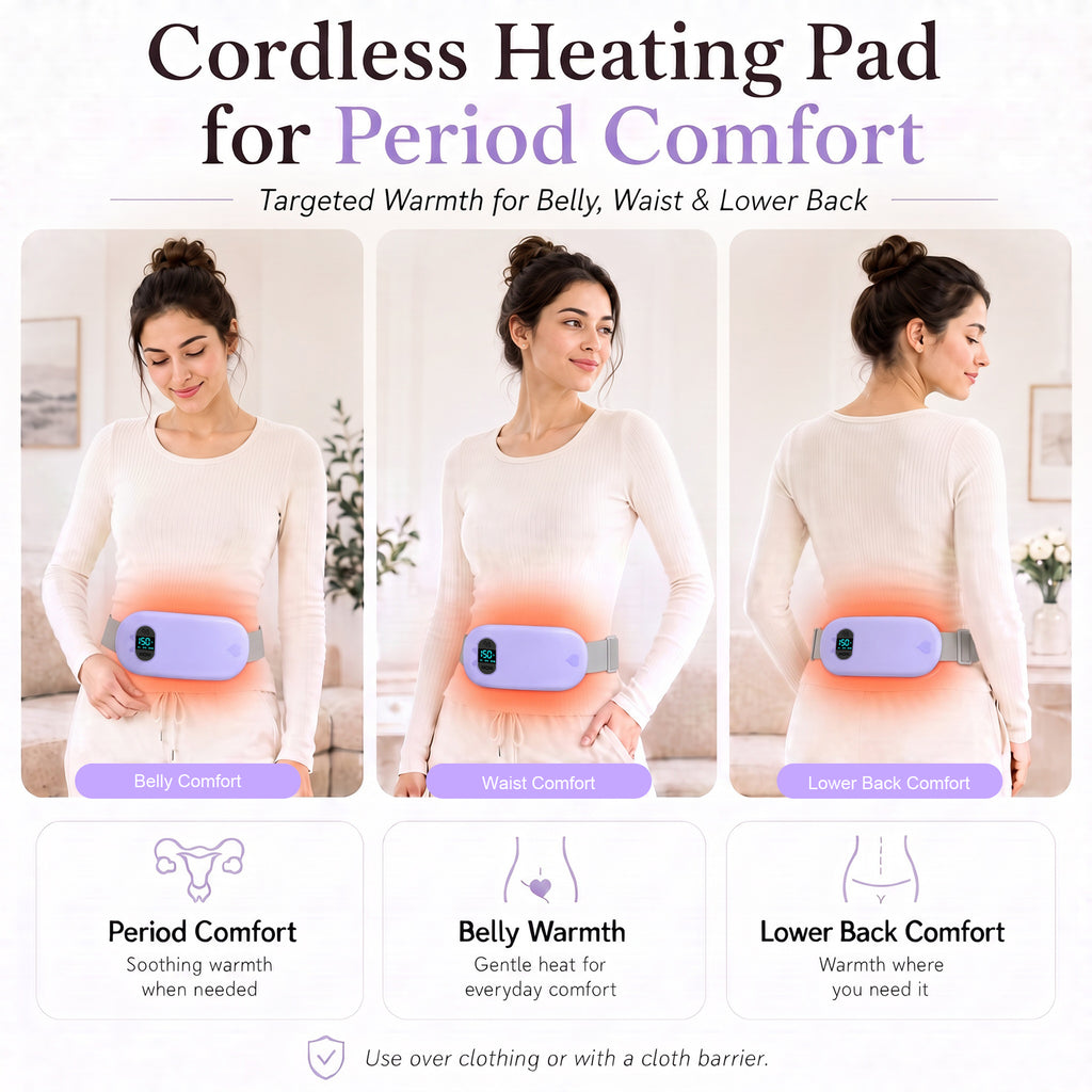 TeSabMi Cordless Heating Pad for Period Cramps, Portable Menstrual Heating Belt with 6 Heat Levels, 6 Vibration Modes, Gift for Women Her Purple