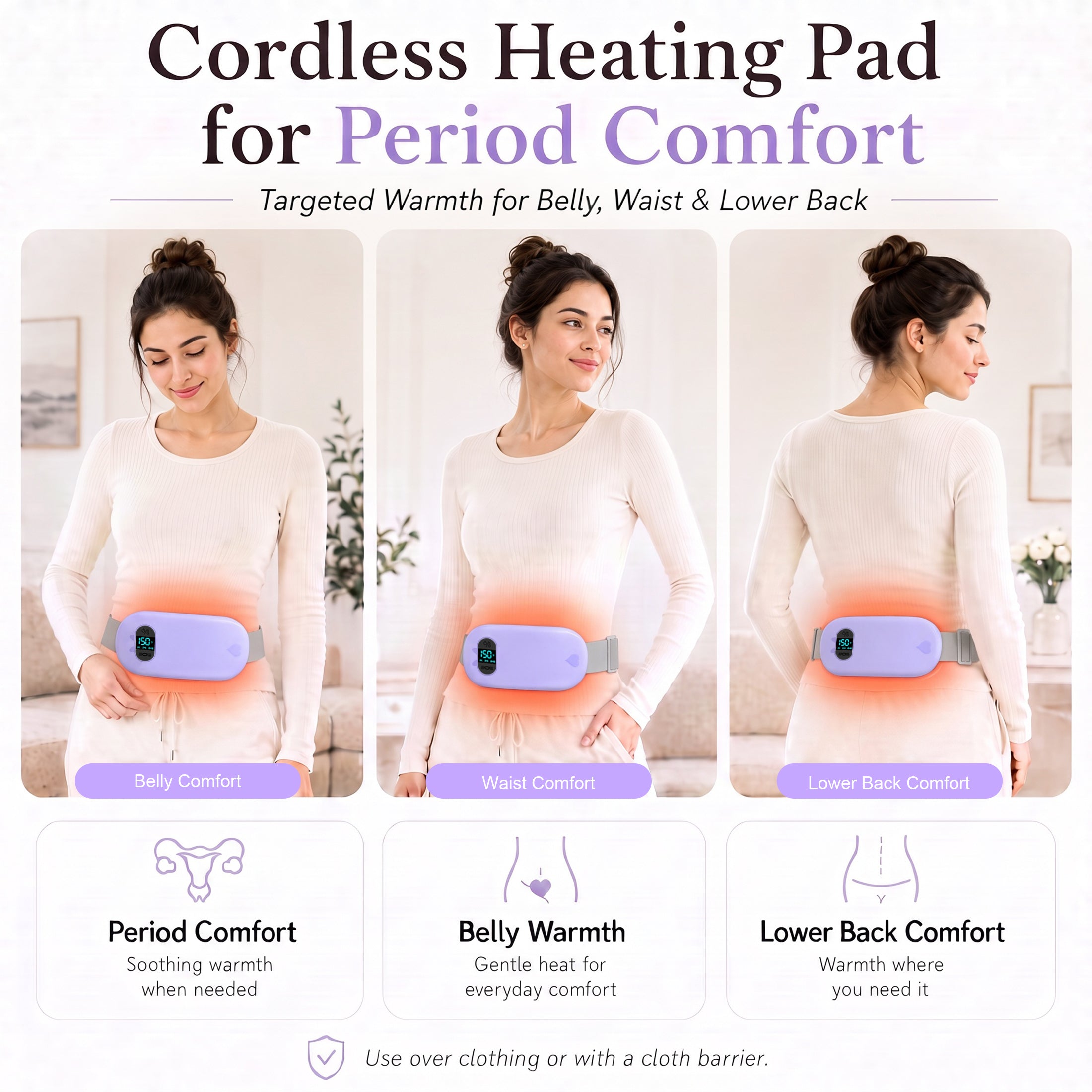 TeSabMi Cordless Heating Pad for Period Cramps, Portable Menstrual Heating Belt with 6 Heat Levels, 6 Vibration Modes, Gift for Women Her Purple