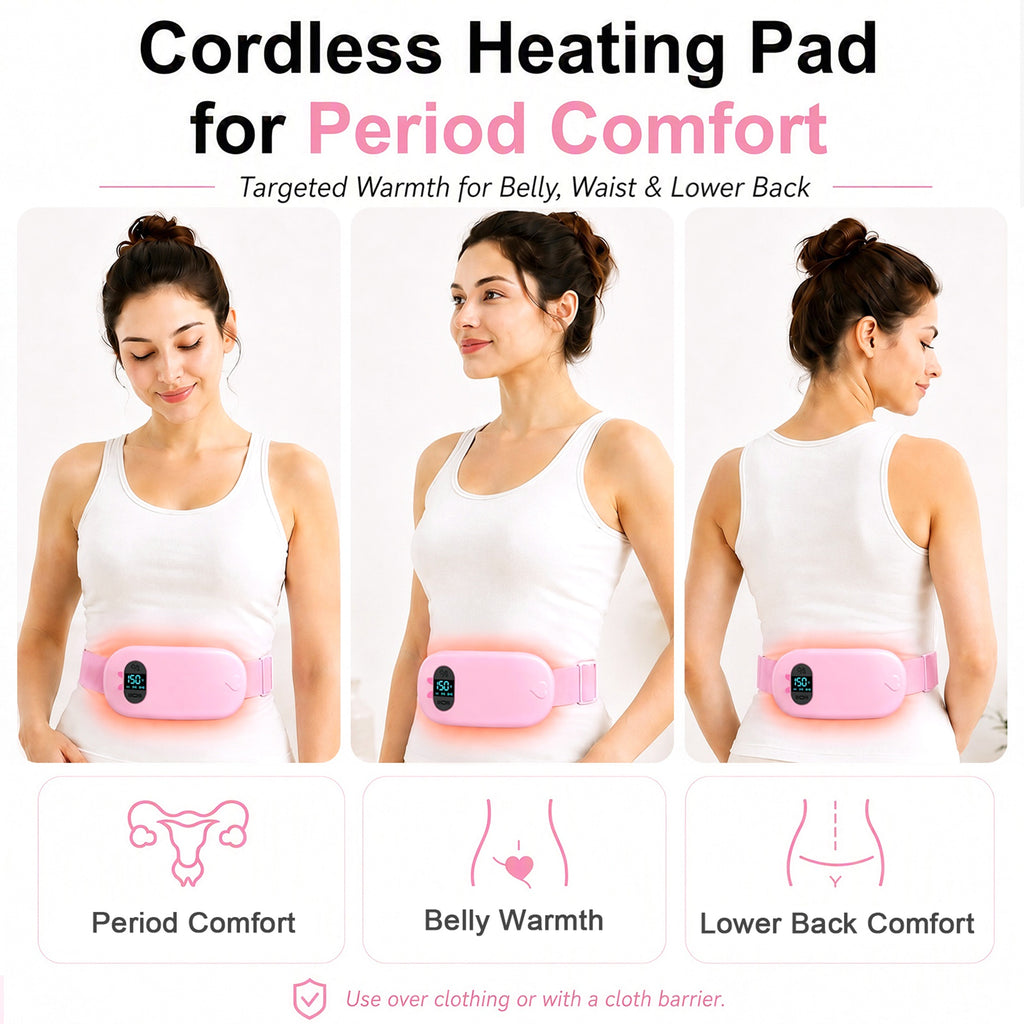 TeSabMi Cordless Heating Pad for Period Cramps, Portable Menstrual Heating Belt with 6 Heat Levels, 6 Vibration Modes, Gift for Women Her Pink