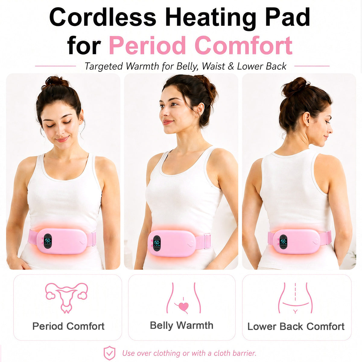 TeSabMi Cordless Heating Pad for Period Cramps, Portable Menstrual Heating Belt with 6 Heat Levels, 6 Vibration Modes, Gift for Women Her Pink