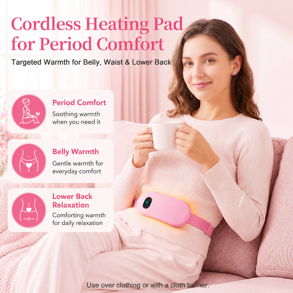 TeSabMi Cordless Heating Pad for Period Cramps, Portable Menstrual Heating Belt with 6 Heat Levels, 6 Vibration Modes, Gift for Women Her Pink