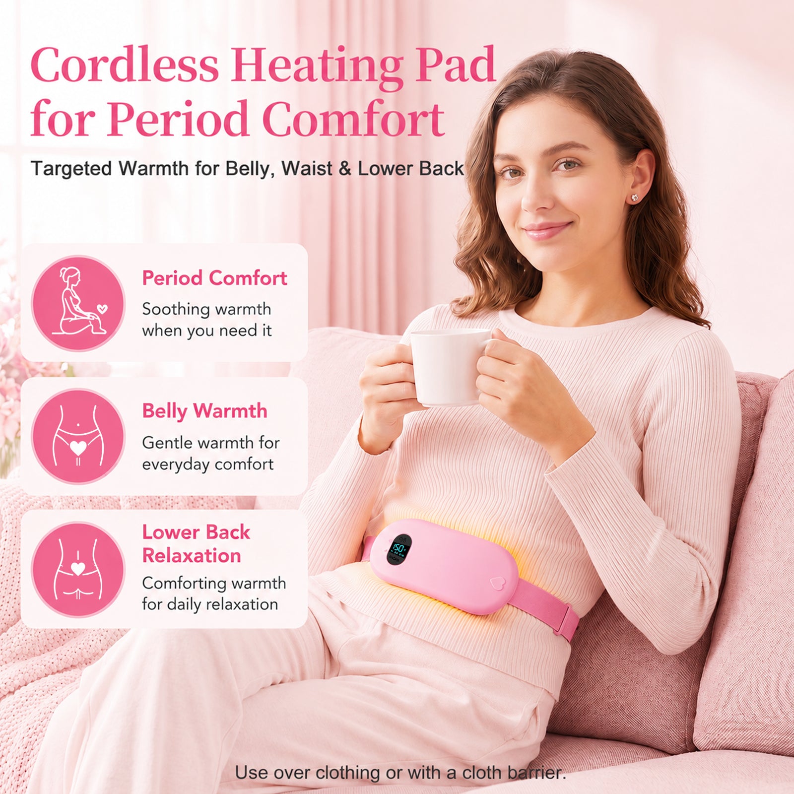 TeSabMi Cordless Heating Pad for Period Cramps, Portable Menstrual Heating Belt with 6 Heat Levels, 6 Vibration Modes, Gift for Women Her Pink