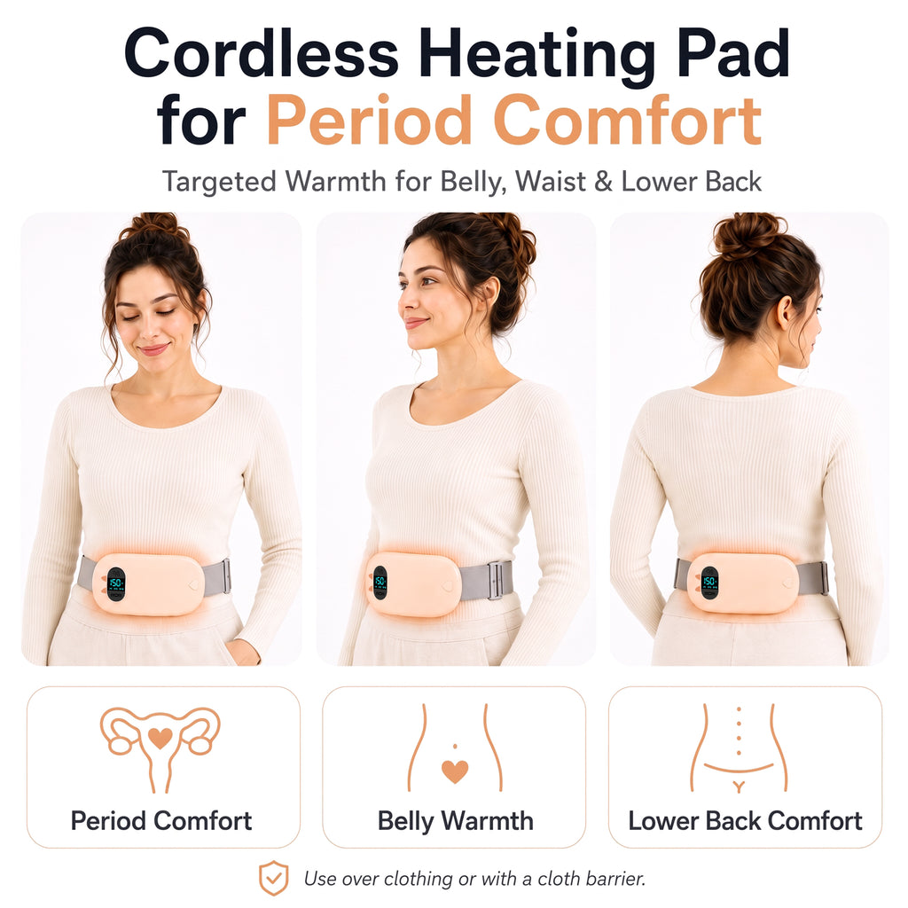 TeSabMi Cordless Heating Pad for Period Cramps, Portable Menstrual Heating Belt with 6 Heat Levels, 6 Vibration Modes, Gift for Women