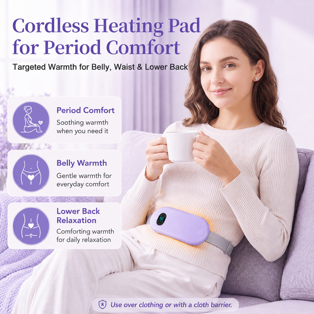 TeSabMi Cordless Heating Pad for Period Cramps, Portable Menstrual Heating Belt with 6 Heat Levels, 6 Vibration Modes, Gift for Women Her Purple