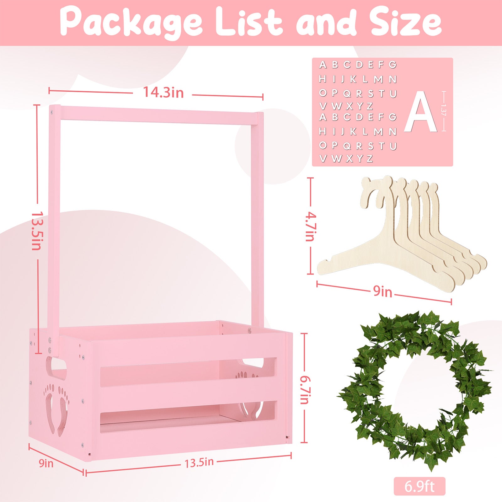 TeSabMi Baby Shower Gift Basket, Personalized Wooden Crate with Letters and Clothes Hangers for Newborn Nursery Room Pink