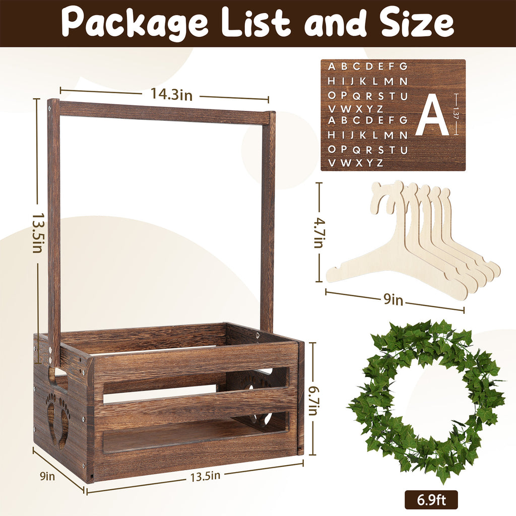 TeSabMi Baby Shower Gift Basket, Personalized Wooden Crate with Letters and Clothes Hangers for Newborn Nursery Room, Brown