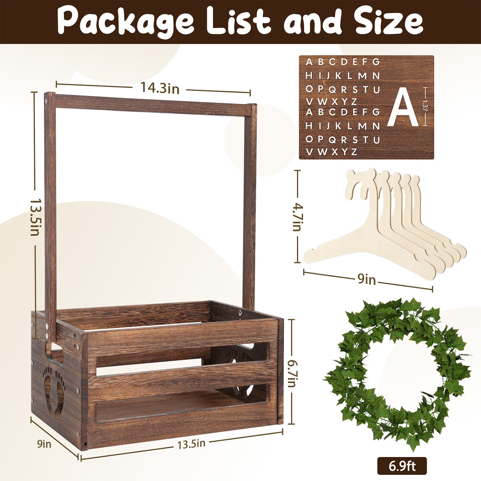 TeSabMi Baby Shower Gift Basket, Personalized Wooden Crate with Letters and Clothes Hangers for Newborn Nursery Room, Brown